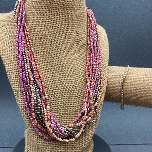 Necklace Bracelet Lot Silver Cube Pink Salmon Seed Bead Multi Strand Statement